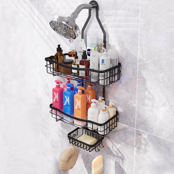 Lockways Anti-Swing Hanging Shower Caddy, 3 Shelves Large Capacity Shower Caddy Over Shower Head, Rustproof, No Drilling,Black