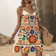 Scacto Womens Summer Dress Boho Floral Printed Spaghetti Strap Sleeveless Sundresses V Neck Beach Vacation Short Dresses