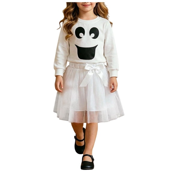OJSFQUFP Kid's Halloween Two Piece Set Little Print Sweatshirt and Bow Tutu Skirt