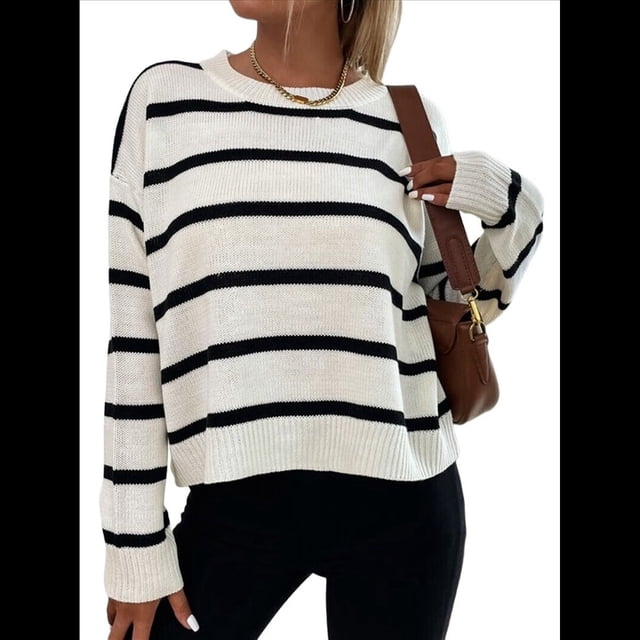 Suéter de Rayas con Hombros Caídos para Mujer, Suéter de Punto de Cuello Redondo Extragrande, Top Tipo Jersey. L