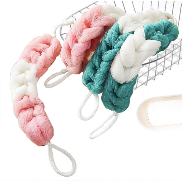 Paquete de 4 esponjas elásticas largas para la espalda con cuerda para frotar la espalda, esponja de malla para ducha y baño, exfoliante corporal, esponja trenzada elástica para hombres y