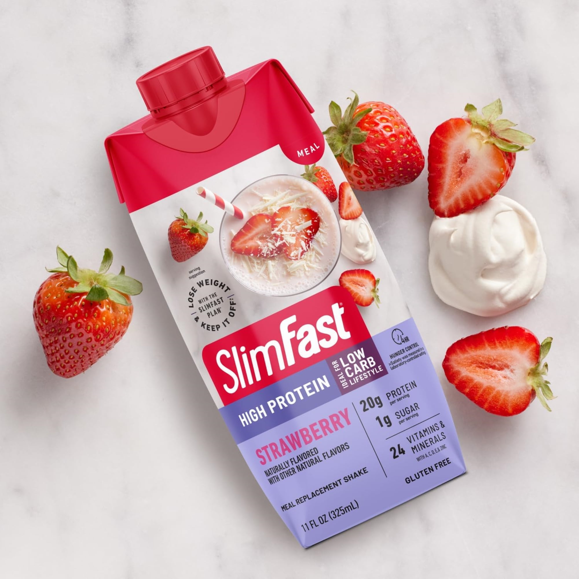 SlimFast High Protein Shake Meal Replacement Shake, Strawberries and Cream, 11 fl oz Bottle, 4 Pack