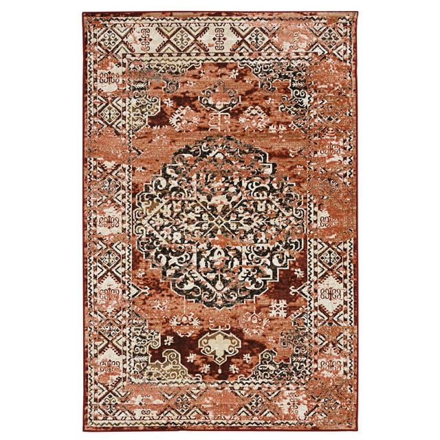 Vintage Nain style 8 by 10 feet area rug in red and beige with a detailed central medallion surrounded by geometric motifs.