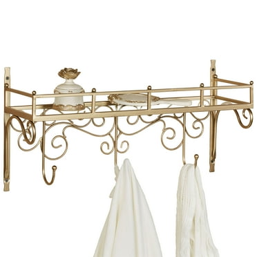 Classical Baldessaire Scrolling Openwork Metal Wall Shelf with Hooks Gold
