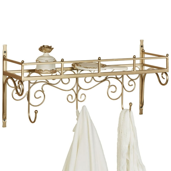 Classical Baldessaire Scrolling Openwork Metal Wall Shelf with Hooks Gold