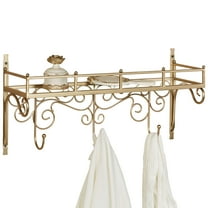 Classical Baldessaire Scrolling Openwork Metal Wall Shelf with Hooks Gold