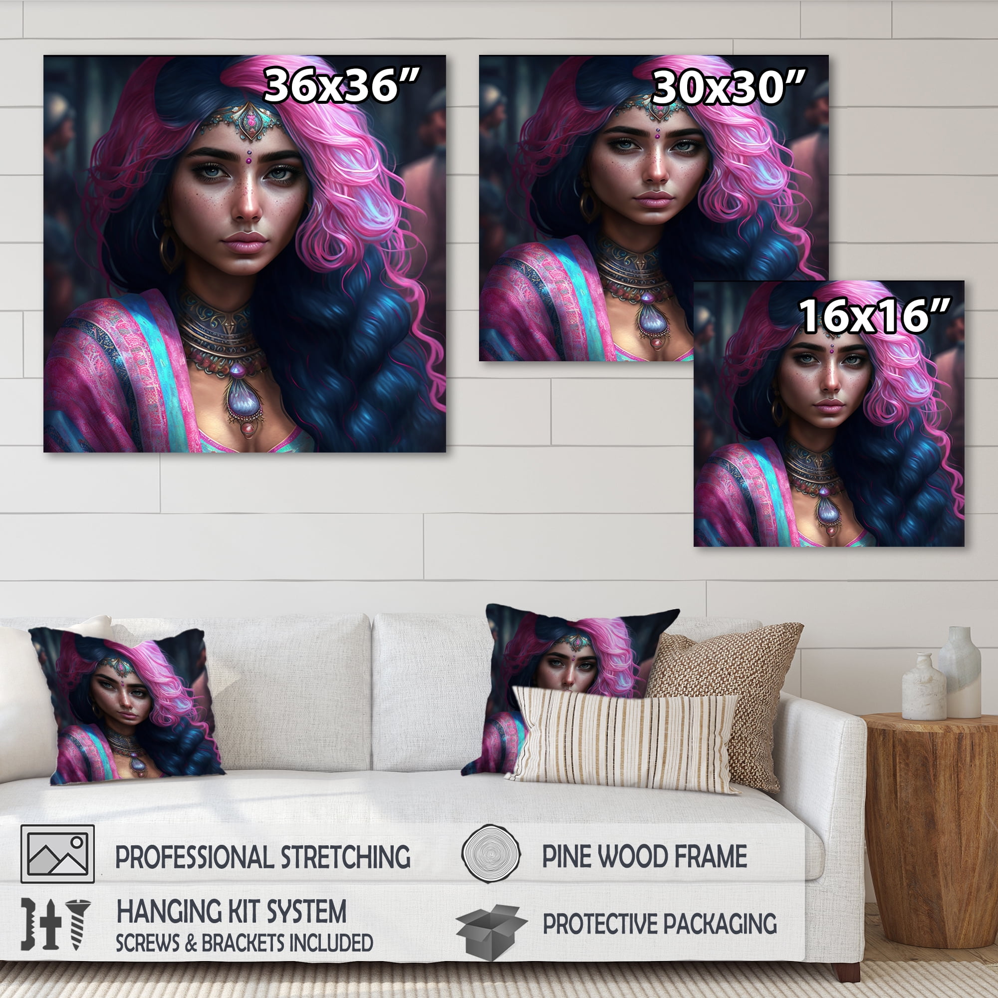 Designart Fashion Indian Woman In Pink And Blue IV Canvas Wall Art