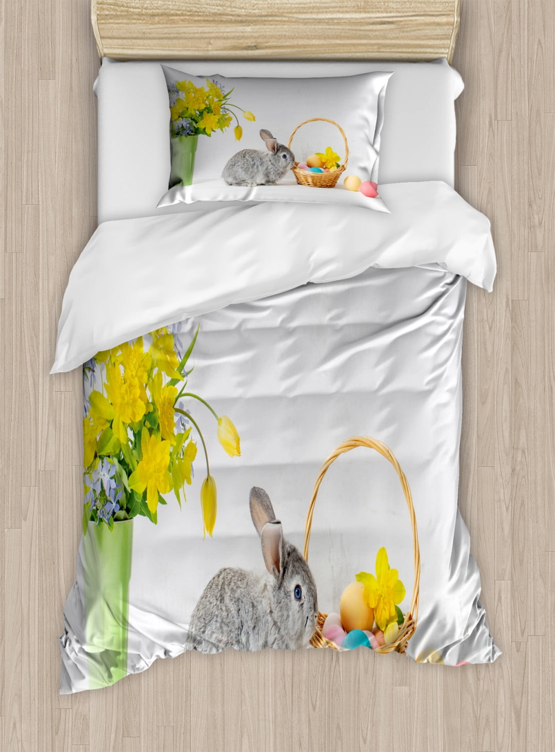 Easter Bunny Duvet Cover Set Twin Size, Vivid Yellow Flowers Grey ...