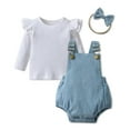 thumbnail image 5 of Newborn Infant Baby Girl Clothes Solid Ribbed Ruffle Sleeve Top and Overall Shorts with Headband Blue 6-9 Months, 5 of 7