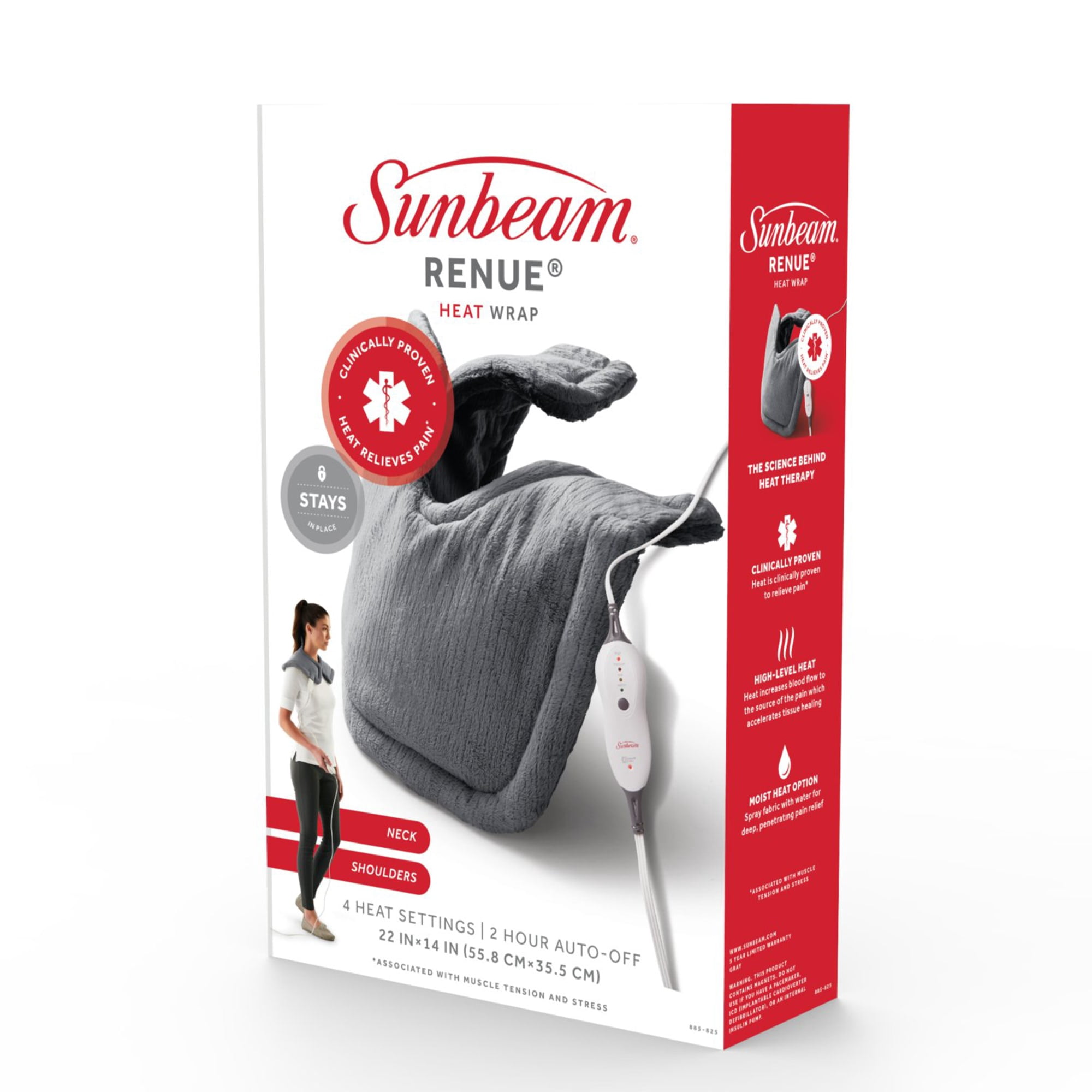 Sunbeam Renue Heat Wrap with 4 Heat Settings and Push Button Controller, Grey, 22" x 14"