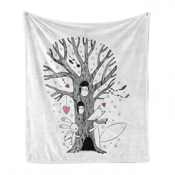 Cartoon Soft Flannel Fleece Blanket, Monochrome Tree with Playing Children Bunny and Fox Doodle Style Arrangement, Cozy Plush for Indoor and Outdoor Use, 50" x 60", Pink Black White, by Ambesonne