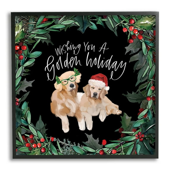 Stupell Industries Wishing You a Golden Holiday Phrase Pet Dogs Animals & Insects Painting Black Framed Art Print Wall Art, 12 x 12