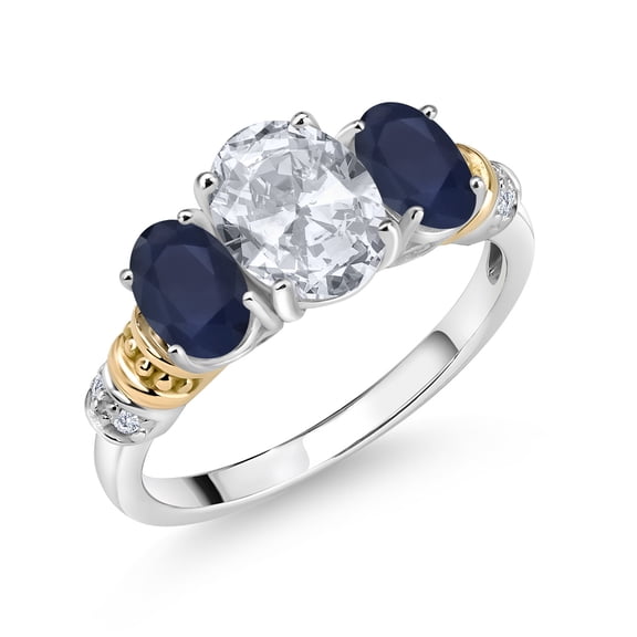 Gem Stone King 925 Sterling Silver and 10K Yellow Gold Oval White Topaz Blue Sapphire and White Diamond 3 Stone Ring for Women (2.64 Cttw, Gemstone November Birthstone, Size 9)