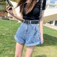 thumbnail image 3 of Pantalones cortos de mezclilla de pierna ancha negros de cintura alta para mujer novedad de verano 2023 pantalones cortos holgados y versátiles con botones pequeños y rizados, 3 of 5