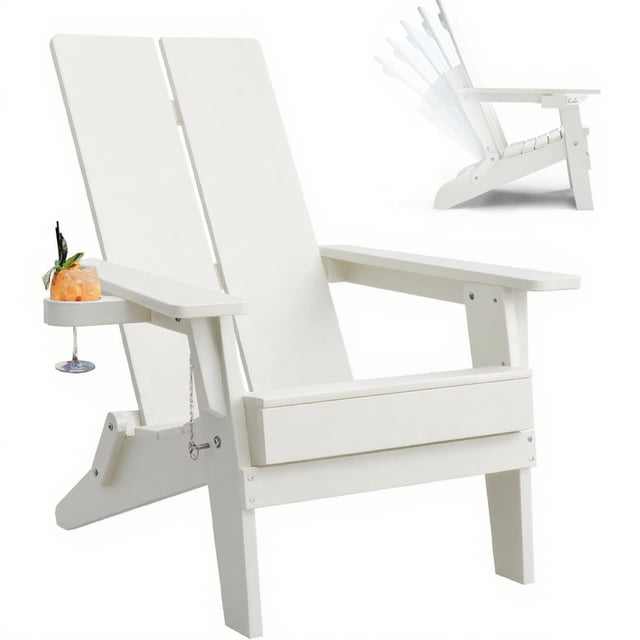Chaise Adirondack Pliante d'Extérieur Porte-Gobelet Hanches Plastique Réglable Chaise d'Inclinaison de Patio avec Texture Bois, Blanc