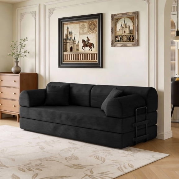 79" Skin-Friendly Corduroy Comfortable Loveseat Sofa, Modern Loveseat Sofa with High-Resilience Foam, Convertible Loveseat Sleeper Couch with Foldable Frame for Living Room, Black