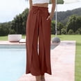 thumbnail image 3 of qolati Wide Leg Yoga Pants for Women Casual Loose Drawstring Smocked High Waist Beach Trousers Summer Slit Flowy Dress Palazzo Pants with Pockets, 3 of 9