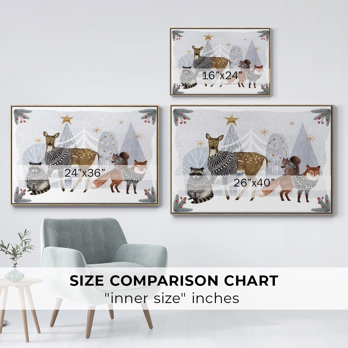 Cozy Christmas Collection A - Framed Gallery Wrapped Holiday Canvas - 27 x 41 - Natural Wood Frame