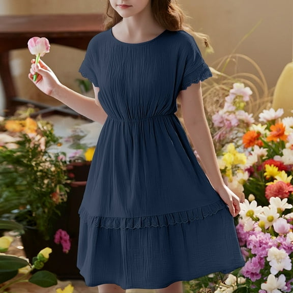 Little Girl Dress Short Sleeve A-Line Tiered Swing Cotton Navy Dress Girls Birthday Dress For Girls Girls Fancy Dress