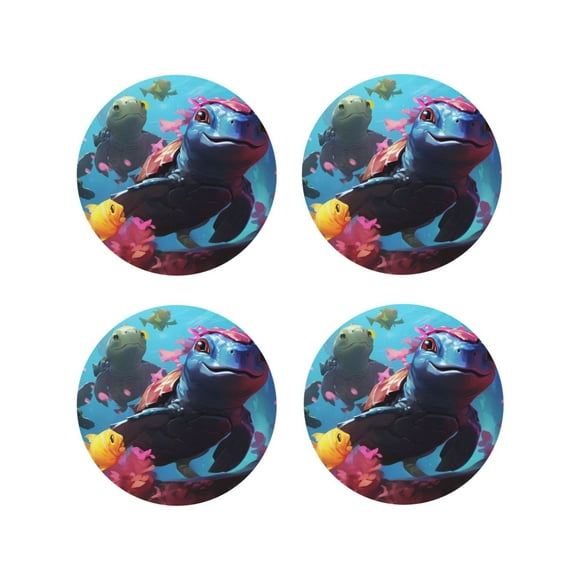 Cauagu Lively Cute Turtle for Coasters for Drinks Leather Coasters Set of 4 for Coffee Table for Housewarming Kitchen Bar Decor-Round Shape