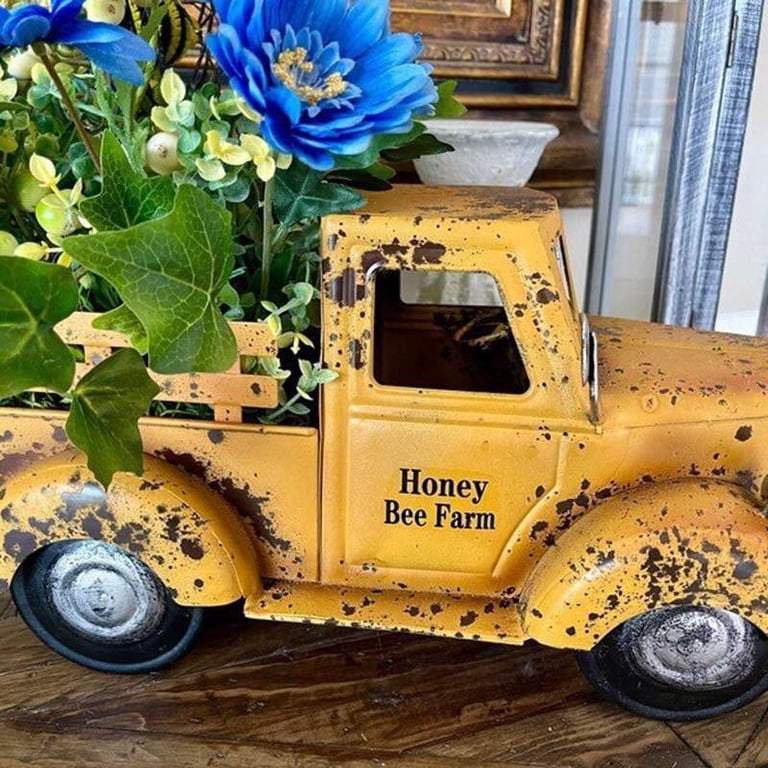 JoyMoreHome Resin Truck with Artificial Plastic Flower Vintage