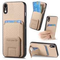Case for iPhone XR with Hidden Kickstand, Carbon Fiber Texture Wallet Case with Card Holder for iPhone XR Magnetic Car Mount Shockproof Military Grade Protection Cover, Khaki