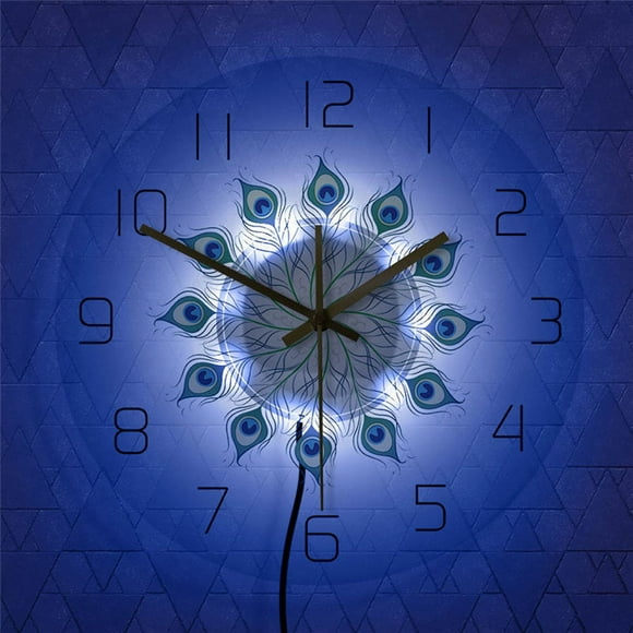 TopLLC LED Lights Transparent Wall Clock Peacock Feather Colorful Clock Vintage Bohemian Decorative Wall Clock on Clearance