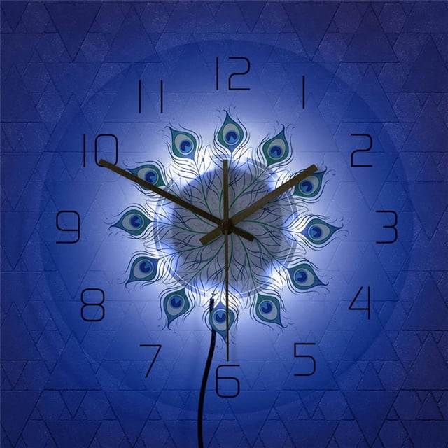 Peacock Feather Mandala Transparent Acrylic Wall Clock, LED Light Up Bohemian Decor, Unique Vintage Timepiece (US Plug)