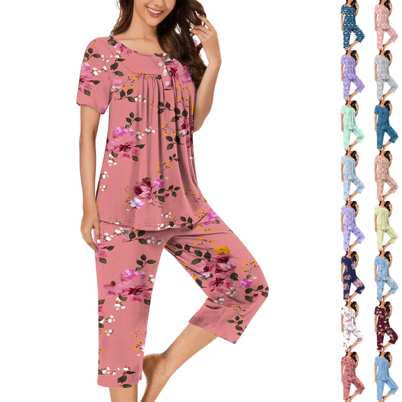 Asgosdo Plus Size Pajamas for Women Set Short Sleeve Sleepwear Tops and Capri Pants Pjs Print Pajama Sets