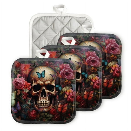 

Bahomeck Pot Holder 4Pcs Skull Surrounded By Roses And Butterflies Square Heat Resistant Hot Pads For Kitchen Cooking Oven With Hanging Loop Potholder Easy To Store