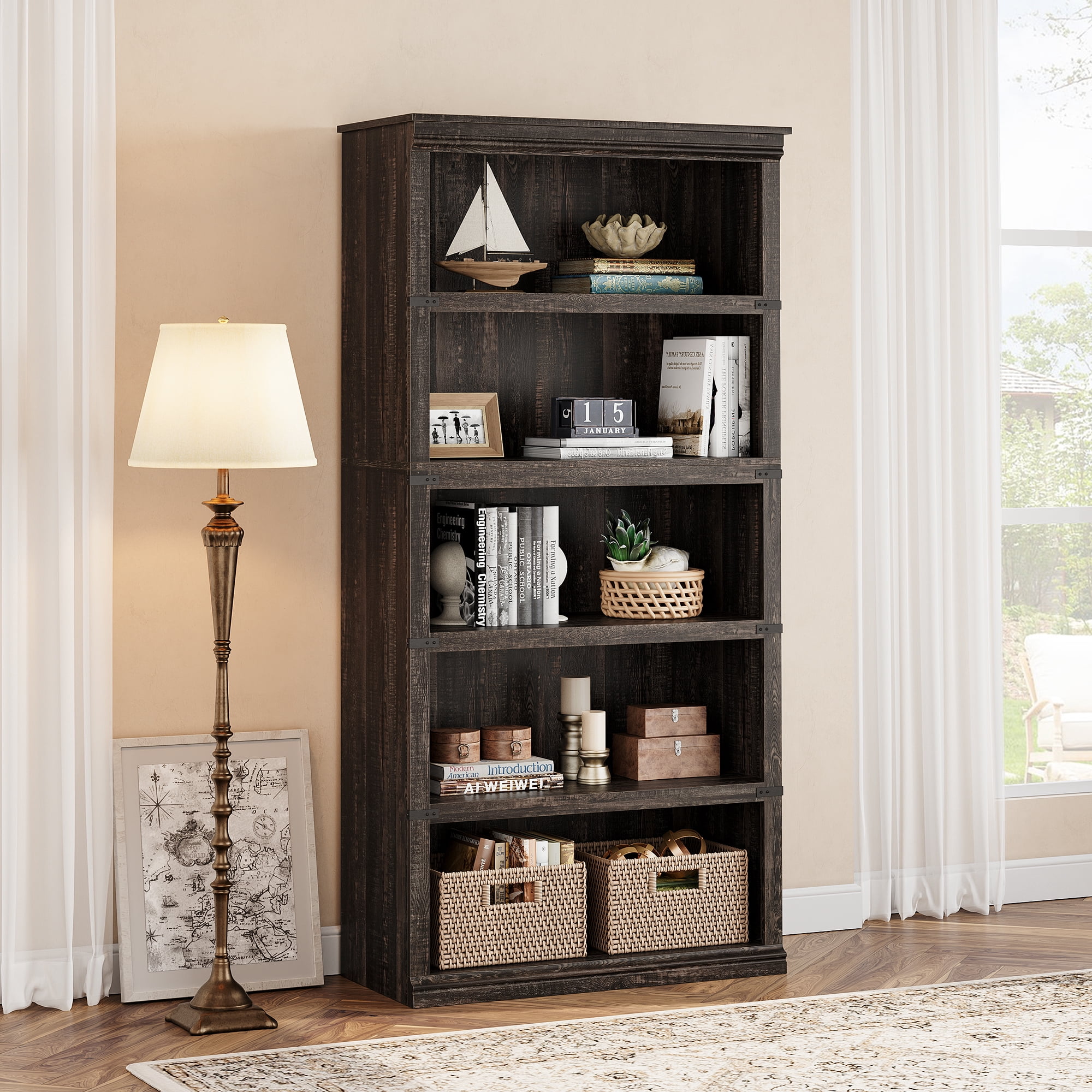 Aoile 5 Tier Farmhouse Bookshelf, 12.7" x 31.4" x 67.4" Heavy Duty Freestanding Bookcase, Bookshelves with Storage Open Display for Home Office, Living Room, Bed Room, Bathroom, Oak