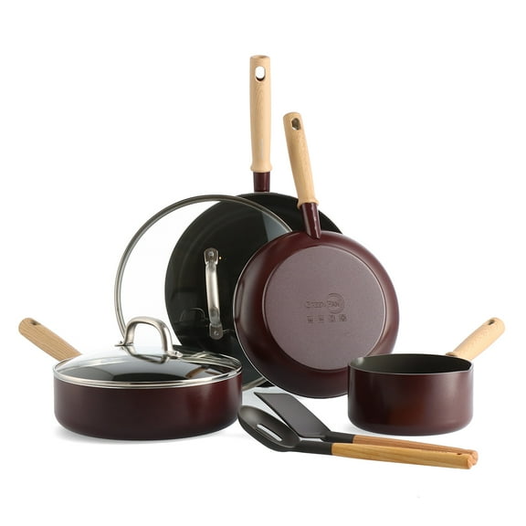 GreenPan Hudson Healthy Ceramic Nonstick, 8 Piece Cookware Pots and Pans Set, Wood Inspired Handle, , Merlot Red