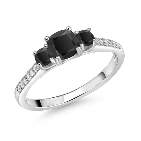 Gem Stone King 925 Sterling Silver Cushion Black Onyx and White Moissanite 3 Stone Engagement Ring for Women (0.86 Cttw, Gemstone December Birthstone, Size 6)