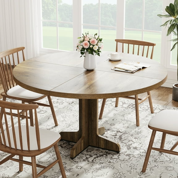 47 Inch Round Dining Table for 4-6 People, Round Kitchen Table with Wooden Base & Adjustable Foot Pads, Circle Farmhouse Dining Room Table for Kitchen, Dining Room(Table Only)