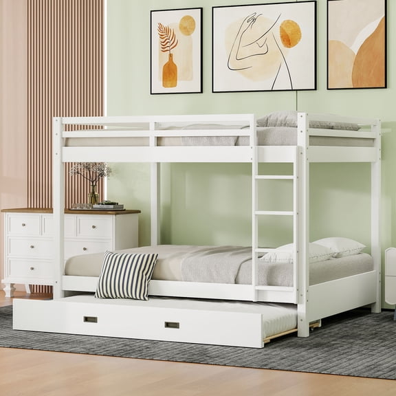 JUYG Queen Wood Bunk Bed with Ladder and Trundle, White