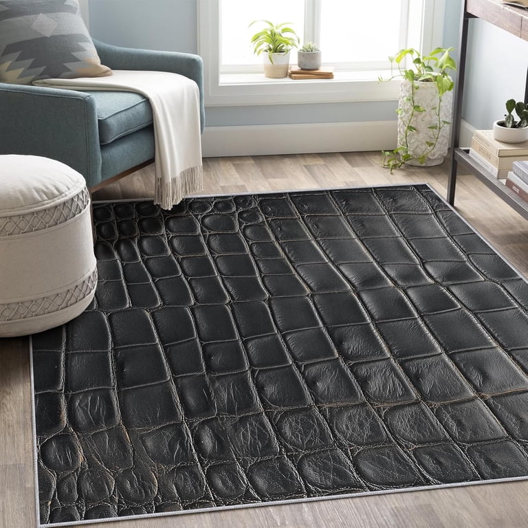 Black Crocodile Skin Area Rug, Alligator Texture Pattern Carpet