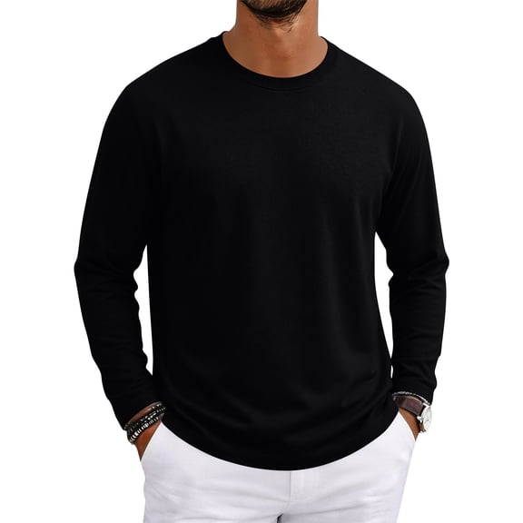Delconic Men's Long Sleeve Shirt with Pocket Cotton Crew Neck Shirts Casual Lightweight T-Shirt Black L