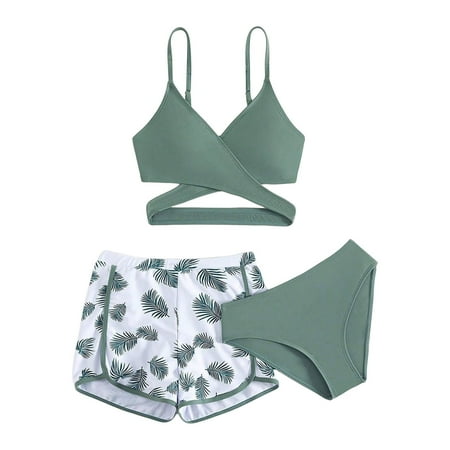 HUCOAE 3PCS Kids Swimsuits For Girls Triangle Bikini Top Girls 3 Piece Bathing Suit Summer Racerback Swimsuit With Shorts Beach Tankini Sets Mint Green 16-17 Years