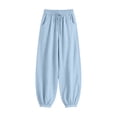 thumbnail image 4 of LEAVINGSUO Women's Cotton Linen Pants Drawstring Elastic Waist Straight Loose Fit Jogger Trousers with Cuffed Hem Light Blue S, 4 of 6