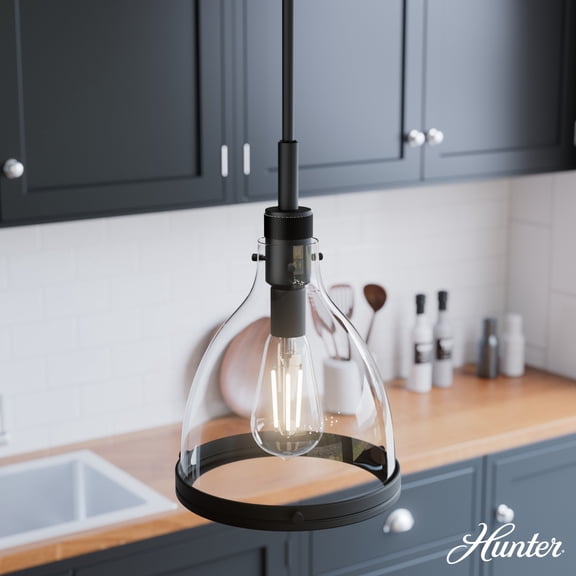 Hunter - Van Nuys 1-light Matte Black, Small Pendant Light, Dimmable, Transitional Style, Bell Shaped, for Bedrooms, Dining, Living Rooms - 48052