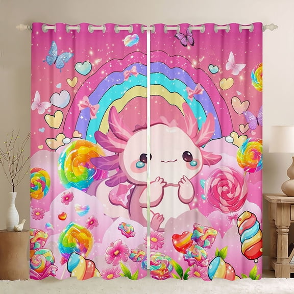 Manfei Cartoon Animal Axolotl Black Out Curtains,Kawaii Ocean Animal Curtains Pack of 2 (42x63 Each),Colorful Candy Pink Daisy Bedroom Curtains For Teens,Ultra Soft Home Decor