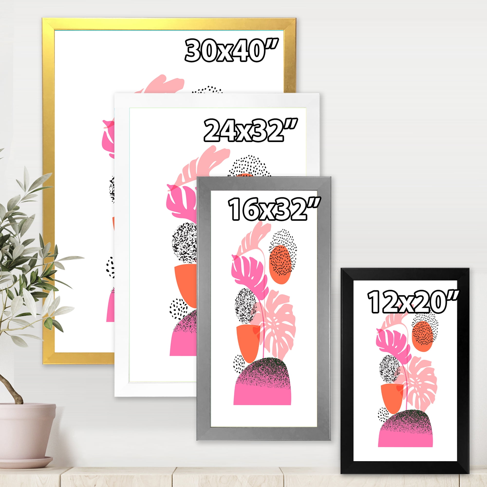 Designart 'Geometric Sun and Moon Shapes With Tropical Leaves' Modern Framed Art Print