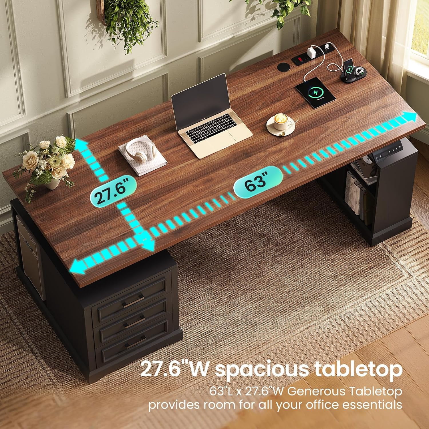Electric Standing Desk with 3 Wood Drawers, Farmhouse Computer Desk with Power Outlets & Open Shelves, 63" Height Adjustable Home Office Desk, Stand Up Desk with Spacious Desktop & Storage, Black