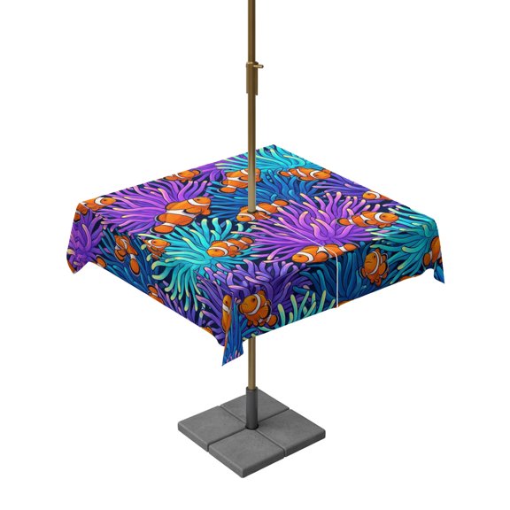 Outdoor Tablecloth with Umbrella Hole, Coastal Orange Clownfish Coral Reef Zippered Table Cloth for Rectangle Tables, Underwater World Washable Waterproof Tablecloths for Picnic Patio Garden