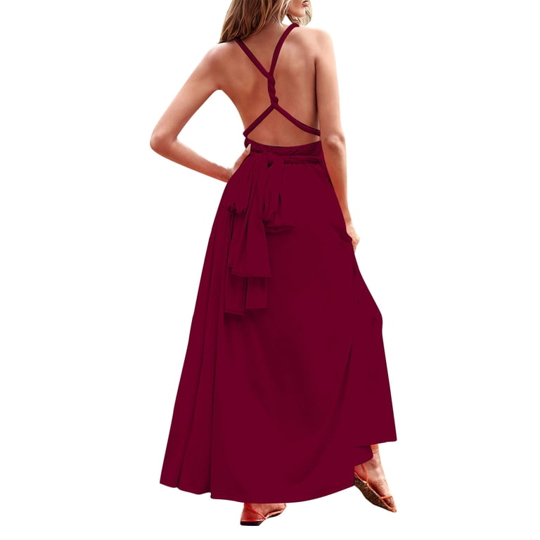 multiway dress halter neck NTACZA Fit & Flare Dresses for Women Wedding Guest Maxi Multi-Way Convertible Solid Backless V-Neck Red tide
