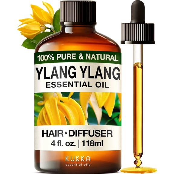 Kukka Ylang-Ylang Essential Oil for Diffuser & Skin - 4 Fl Oz - 100% Pure Natural Ylang Ylang Oil - Boasting a Long Lasting & Exotic Floral Scent fit for Hair, Aromatherapy & DIY Soap Making