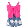 thumbnail image 2 of Girls 2 Piece Summer Outfit Big Bow Front Top & Lace Flower Applique Denim Shorts Cute Casual Clothes for Kids Hot Pink Size 5-6 Years, 2 of 3