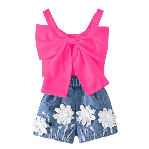 ZXLBBD Girls' Outfits 2 Piece Bow Tie Strappy Top with Floral Embroidered Denim Shorts for Toddler Kids Clothing Sets,Hot Pink,Size 3 Y-4 Y