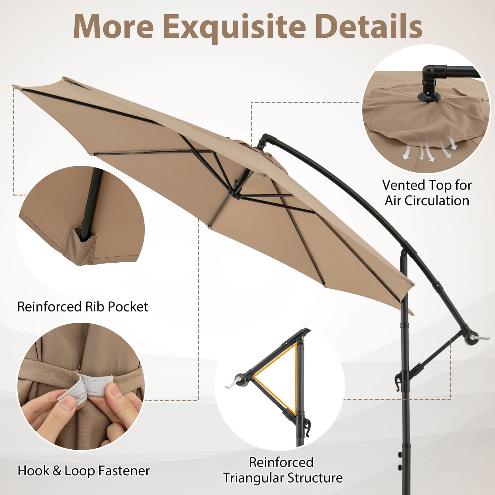 Costway 10ft Tan Patio Offset Hanging Umbrella, Fade Resistant