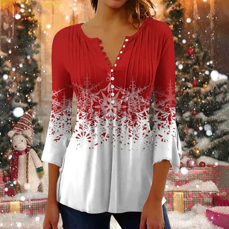 

3/4 Sleeve Tops for Women Casual Trumpet Christmas Printed Buttoned Basic Ruched Corset Tunic Tops Pleated T-shirts Blouses 50% off Clearance